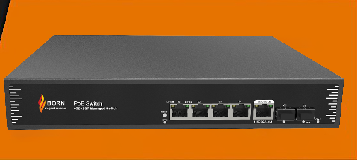 BORN BC2104PGM2F-65W: L2+  4 Port MANAGED GIGABIT PoE+ SWITCH + 2*1G SFP UPLINK, 65W AND 1*RJ45 console port.SUPPORTS REMOTE WEB MANAGED, VLAN AND STORM